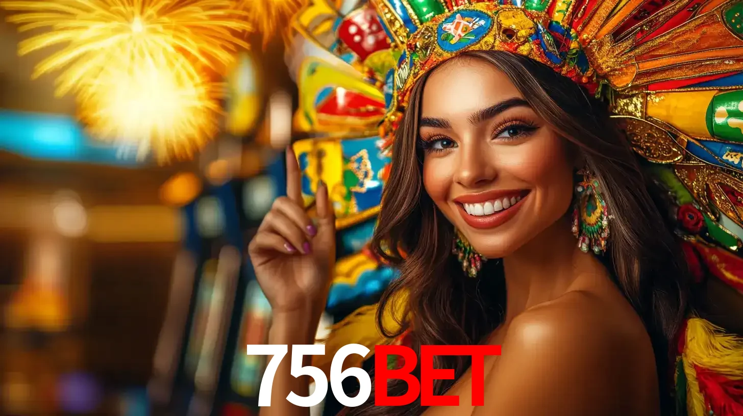 Mulher sorridente com um cocar de carnaval vibrante e colorido, celebrando uma grande vitória nos jogos do cassino 756bet com fogos de artifício ao fundo.
