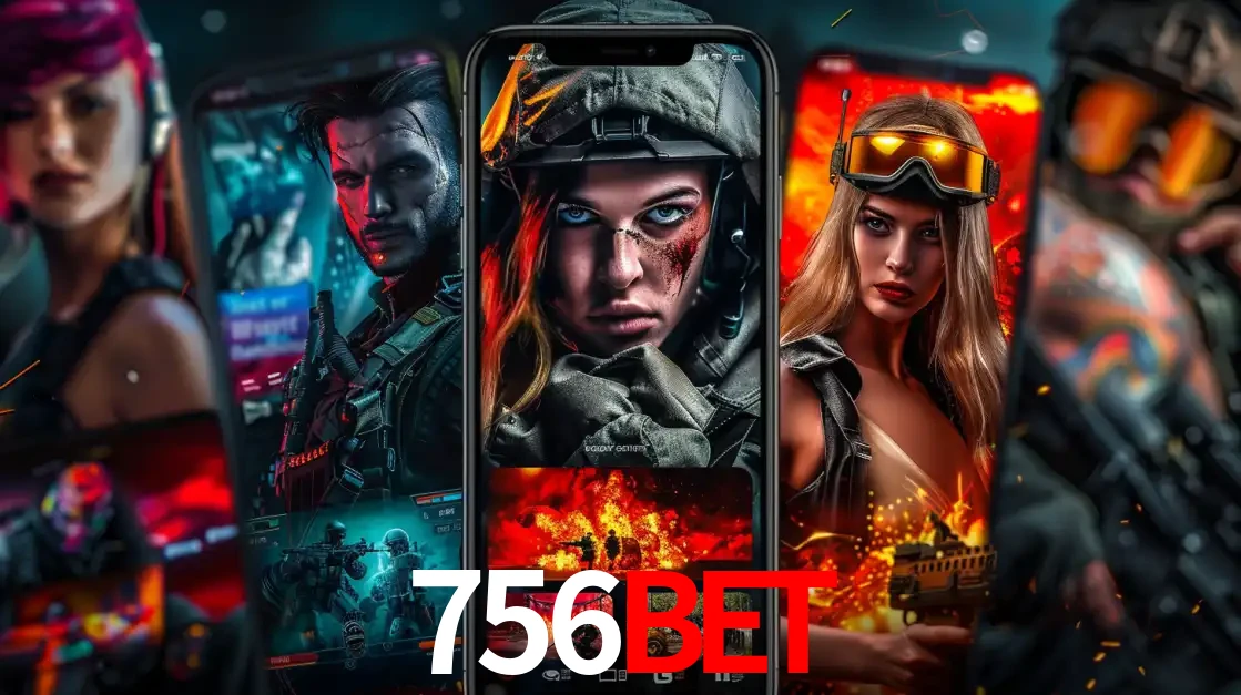 Montagem de telas de celular mostrando diversos personagens, masculinos e femininos, de um jogo de tiro, ilustrando a diversidade de equipes de e-sports para apostar no 756bet.