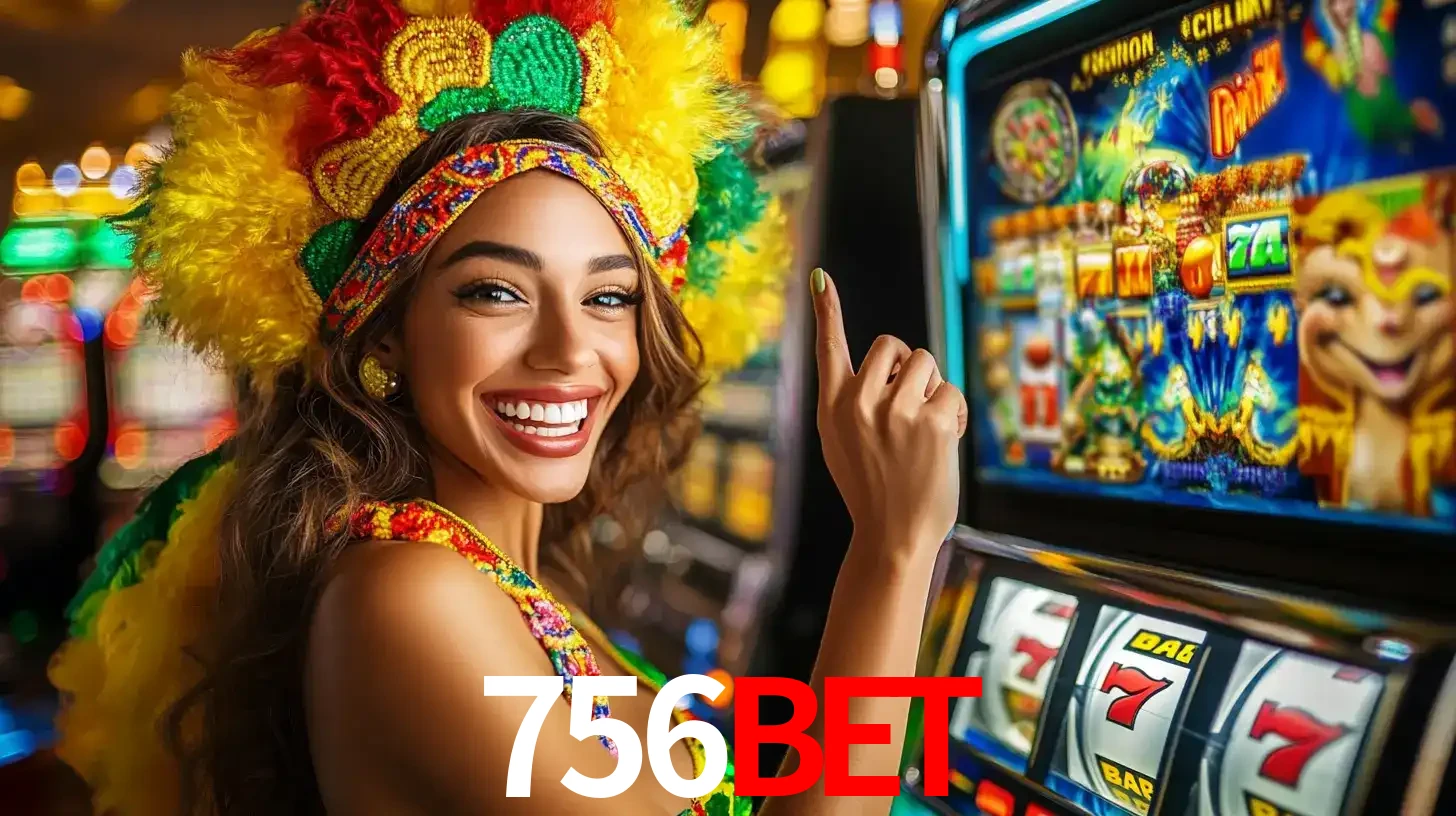 Mulher animada com um cocar de carnaval apontando para uma máquina de caça-níqueis, mostrando a emoção de ganhar um grande prêmio nos jogos do 756bet.