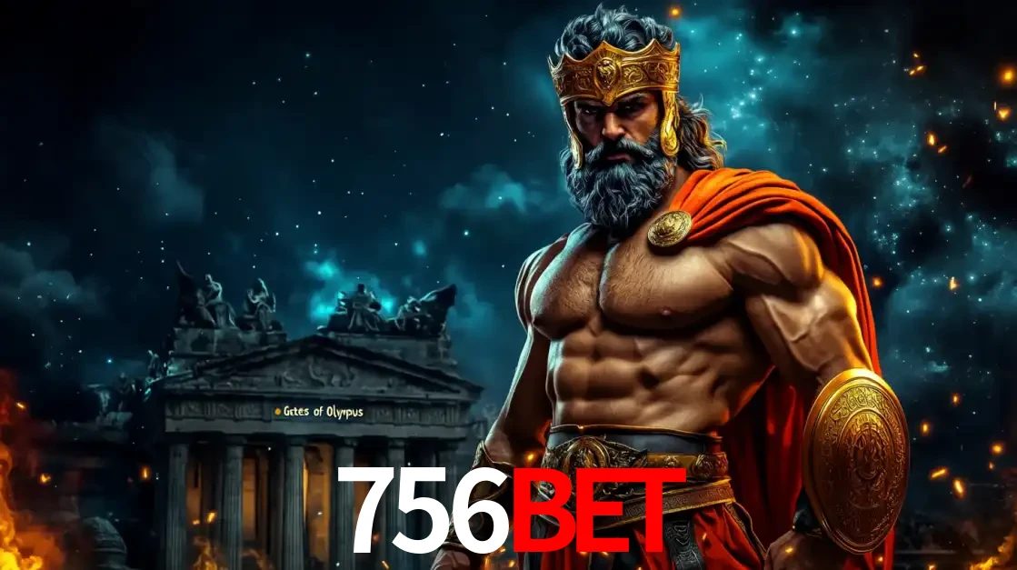 O poderoso Zeus do jogo de slot Gates of Olympus em frente ao seu templo, pronto para lançar multiplicadores divinos e prêmios épicos no cassino online 756bet.