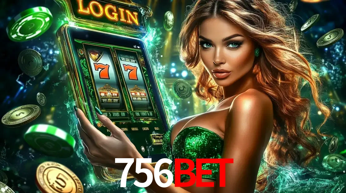 Mulher com tema verde apresentando o aplicativo do cassino 756bet com um jogo de slot de 777, cercada por fichas de cassino e uma aura de sorte.