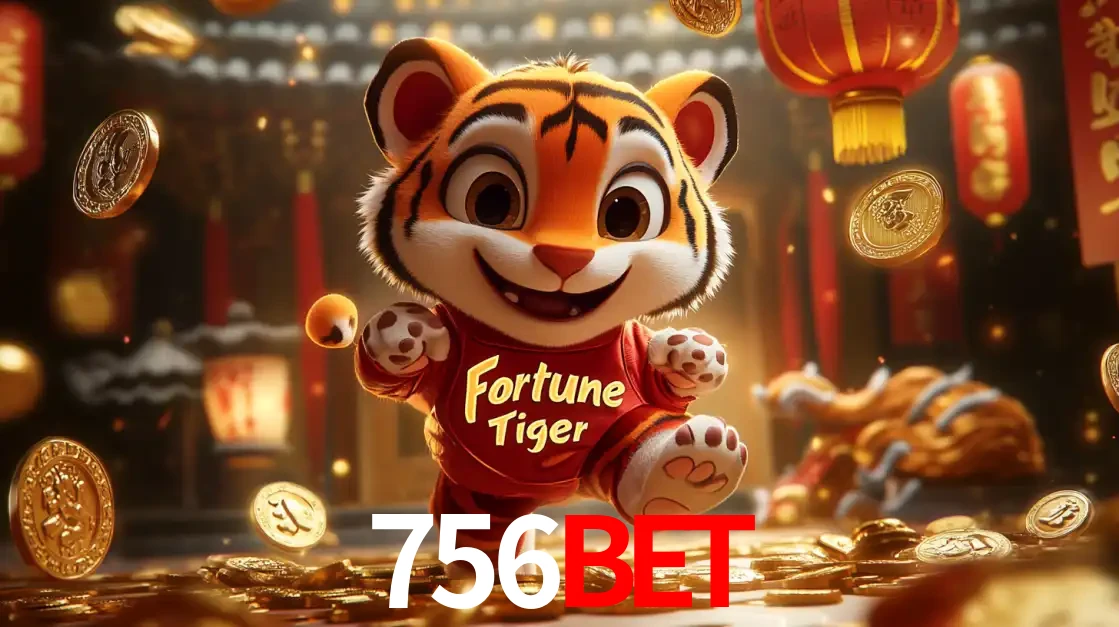 O alegre personagem do Fortune Tiger correndo sobre um caminho de moedas de ouro, simbolizando os grandes prêmios e a diversão do popular jogo de slot do 756bet.