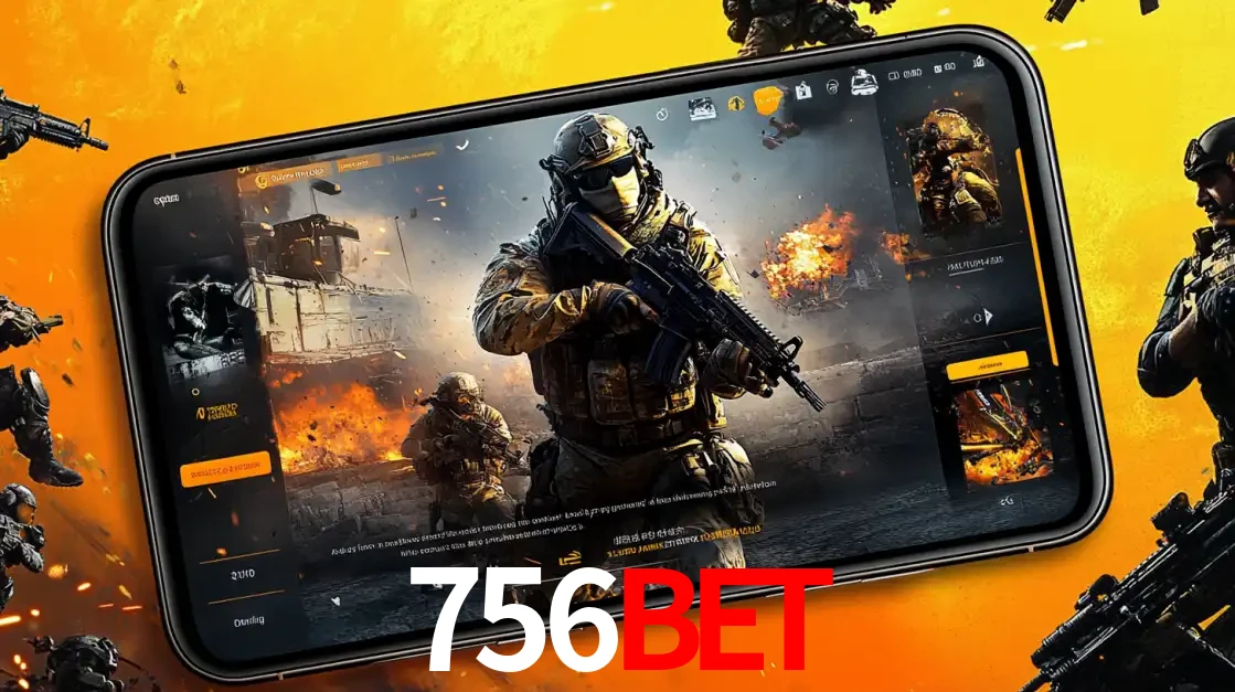 Um smartphone exibindo a interface de um jogo de tiro em primeira pessoa, com um soldado em um cenário de batalha, representando a ação dos e-sports para apostar no 756bet.
