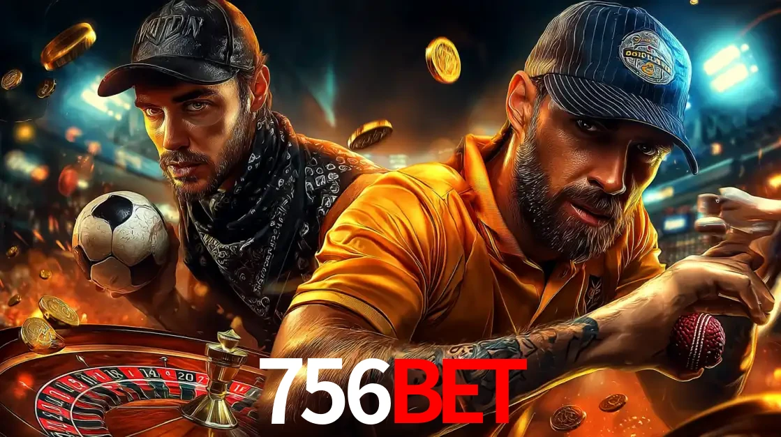 Montagem de apostas esportivas e cassino no 756bet, com um homem segurando uma bola de futebol e outro uma de beisebol sobre uma roleta e moedas voadoras.