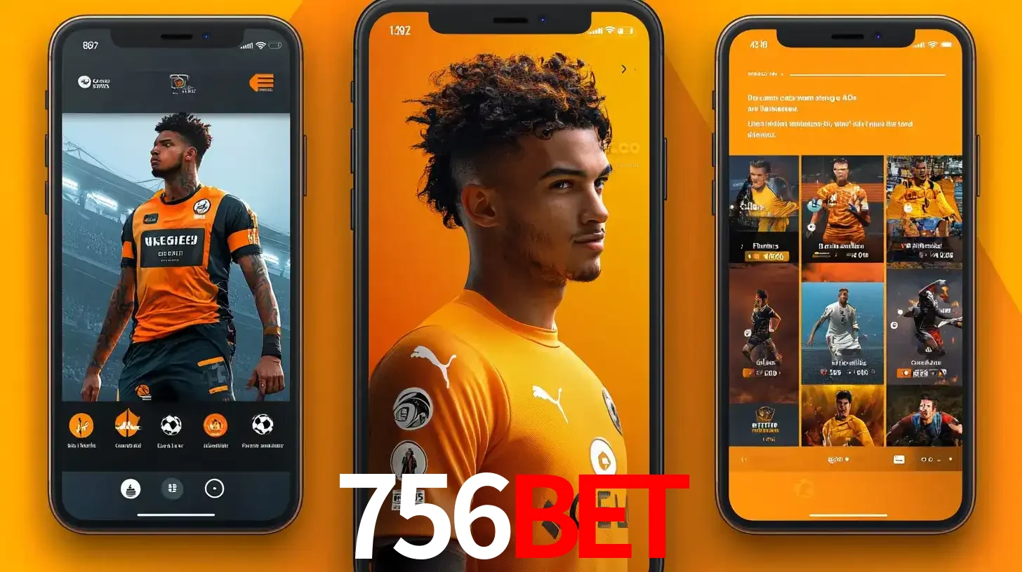 Interface do aplicativo de apostas esportivas 756bet em três telas de celular, mostrando o perfil de um jogador de futebol e a lista de jogos disponíveis para apostar.