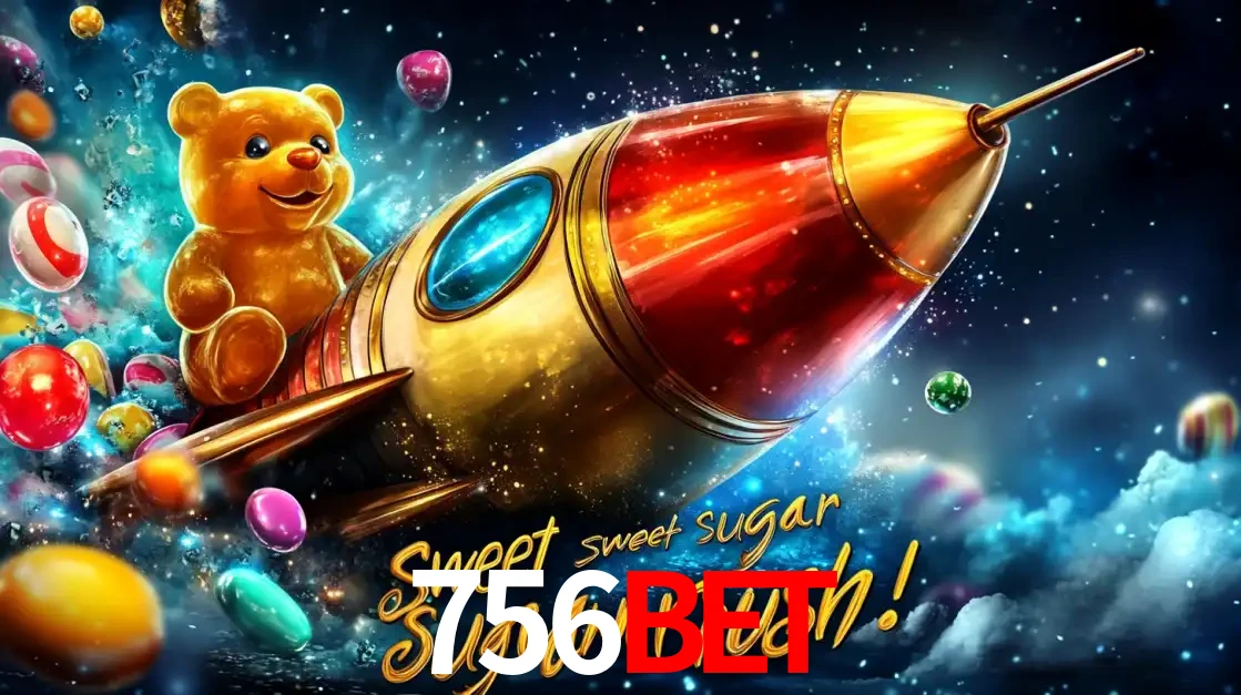 Arte promocional do jogo de slot Sugar Rush, com um urso de pelúcia em um foguete viajando pelo espaço de doces, um dos jogos divertidos disponíveis no cassino 756bet.