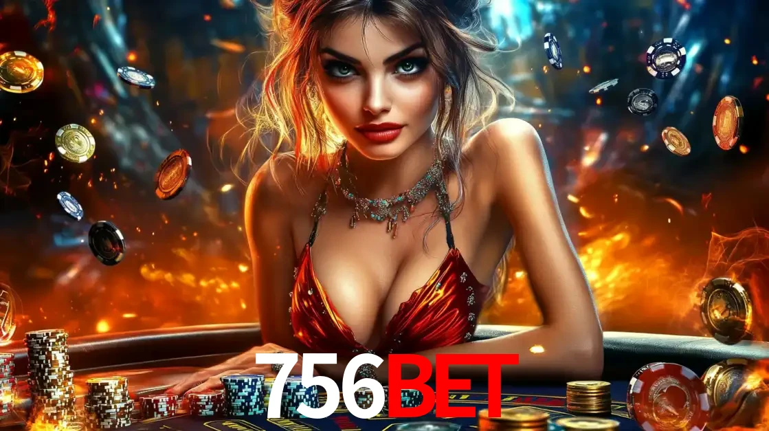 Mulher em uma mesa de cassino com pilhas de fichas e um fundo de fogo, pronta para uma rodada de altas apostas nos jogos de mesa emocionantes do cassino 756bet.