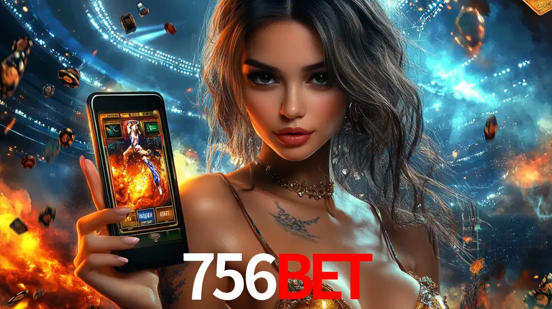Mulher segurando um celular com um jogo de slot em destaque, tendo como fundo um estádio vibrante, simbolizando a emoção de jogar no cassino móvel 756bet.